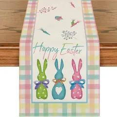 Green Blue Pink Buffalo Plaid Bunny Happy Easter Table Runner