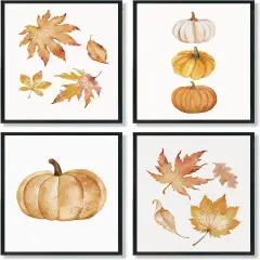 Fall Pumpkin Maple Leaf Wall Art Prints Set of 4 - Simple Vintage Pumpkin