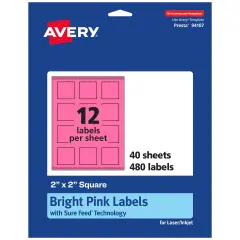 Avery Bright Pink Paper Labels, 2" x 2" Square