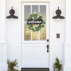 Wreath for Front Door 16 Inch Eucalyptus Leaves Wreath Green Leaves Wreath with Welcome Sign Door Wreath Spring Summer Wreath for Farmhouse Home Porch Indoor Outdoor Decor (Black)