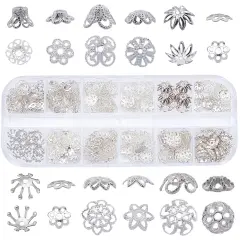 1 Box 240Pcs 12 Styles Flower Spacer Beads Caps Silver Bead Caps Mixed Tibetan Beads Jewelry Findings for DIY Earring Bracelet Necklace Keyring Making