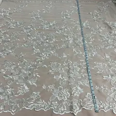 1 Yard Premium Corded Bridal Lace Fabric Embroidered on Polyester Net Mesh 53" Width Ivory