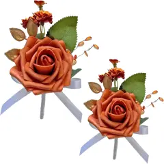 Burnt Orange Boutonniere for Men Wedding Set of 2,Groom and Best Man Boutonniere Aificial Flowers,Fall Vintage