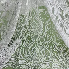 1 Yard Off White Beaded Lace Fabric Embroidered on 100% Polyester Mesh, 52&rdquo; Wide