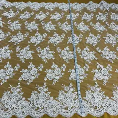 1 Yard Luxurious Corded Bridal Lace Fabric Embroidered on Soft 100% Polyester Net Mesh 51" Width White