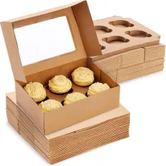 24 Pack Cupcake Containers with Windows, 6 x 6 Boxes with 4 Count Inserts for Muffins (Kraft Paper)