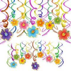 30 Pcs Hawaiian Tropical Luau Birthday Party Hanging Swirls Hibiscus Swirls Flower Foil Swirl Decorations Ceiling Decorations for Tiki Cocktail Beach Summer Party Decoration Supplies