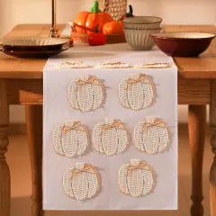 Fall Pumpkins Table Runner 3D Embroidered Handmade Linen 90 x 14 Inch