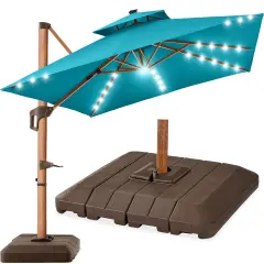 Best Choice Products 10ft Square Woodgrain Pattern 2-Tier Outdoor Solar LED Cantilever Umbrella w/ Base Cerulean