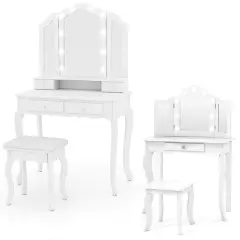 Costway Makeup Vanity Set with Tri-Fold Mirror & LED Lights Vanity Desk and Stool Set