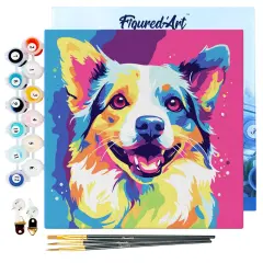 Figured'Art Mini Paint by Numbers Kit for Adults with Frame Dog Abstract Pop Art Small format 8"x8" - Craft Art Painting DIY Canvas Already Stretched on a Wooden Frame