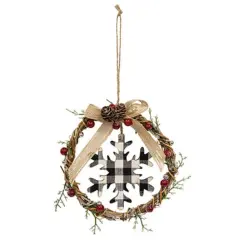 Mini Christmas Wreath with Buffalo Check Snowflake and Red Berries 6.75 Inch