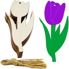 20 Pcs 6 Inch Unfinished Wood Tulip Flower Cutouts DIY Crafts Wooden Tulips Shaped Hanging Ornaments with Hole Hemp Ropes for Spring Party Decoration