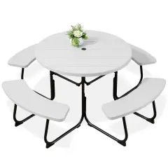 Best Choice Products 8-Person Circular Outdoor Picnic Table w/ 4 Benches, Umbrella Hole, 2000lb Capacity White