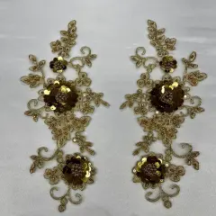 1 Pair Beaded & Corded Floral 3D Lace Applique 100% Polyester Net Mesh 9" x 4" Each Side Gold