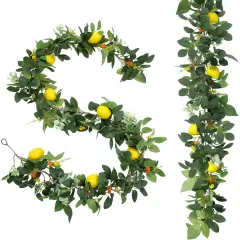 2Pcs 12 Ft Artificial Lemon Garland Spring Summer Faux Fruit Vine Garlands with Greenery for Door Wall Mantle Wedding Party Table Decorations