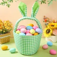 1 Piece Easter Bunny Basket Bags for Boys Girls with Cute Rabbit Ears Plaid Bucket Storage Gifts for Easter Egg Hunts Decorations Candy Gifts Storage