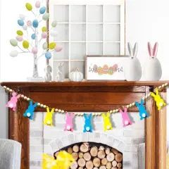 Rustic Easter Garland - Bunny Themed Wooden Bead Easter Banner, Pre-Assembled Spring Farmhouse Home Decorations for Fireplace Mantel and Wall