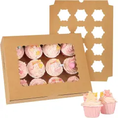 34 Sets Cupcake Boxes, Hold 12 Count Cupcake Containers, Brown Containers with Window and Inserts, 13 x 10 x 3.5 Inches Kraft Bakery Carrier Boxes for Birthday Holiday Party Bakery Supplies