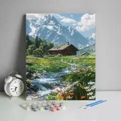 Paint by Numbers for Adults Cabin Mountain Paint by Number Kits Wildflowers Landscape Adult Paint by Number Kits DIY Color by Numbers for Adults Canvas Gifts for Home Decor,16x20 Inch