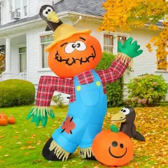 GOOSH 6 FT Thanksgiving Inflatable Decorations Crow Fall Harvest Pumpkin Scarecrow with Built-in LED Lights