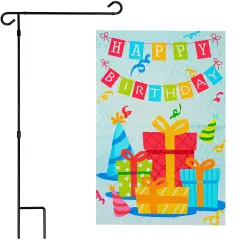 G128 Combo Pack: Garden Flag Stand 36x16IN & Garden Flag Happy Birthday Presents Printed 12x18IN Double Sided