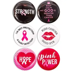 24 Pack Breast Cancer Awareness Pins Bulk, Black & Pink Round Buttons Accessories, 6 Designs, 2.25 in