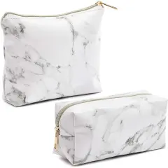 Set of 2 White Marble Makeup Organizer Bag, Cosmetic Storage Pouch, Travel Toiletry Case