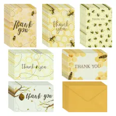 48 Pack Bee Thank you Cards Bulk, Bumblebee Honeycomb Design with Matching Yellow Envelopes for Baby Shower, Birthdays (4x6 In)