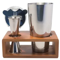 The Cocktail Box Co Premium Mixology Boston Cocktail Shaker Set, Drink Shakers Cocktail Set, Includes Hawthorne Strainer, Jigger and Wood Stand, Elevate your mixology with Boston Shaker Set Silver