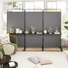 3-Panel Folding Room Divider with 3 Metal Shelves and Lockable Wheels Grey