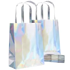 20 Pack Holographic Foil Paper Gift Bags with Handles, Reusable Iridescent Gift Bags for Baby Shower, Birthday, Wedding, Party Favors, Goodies, Boutique (7 x 9 x 3.1 In) Silver