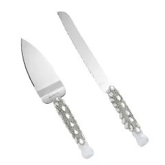 Stainless Steel Wedding Cake Knife and Server Set for Cake Cutting Ceremony, Embellished with Faux Crystals, Diamonds, Ribbon Silver