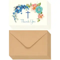 48 Pack Christian Thank You Cards With Envelopes, Bulk Baptism, Religious Greeting Notes for Christening, Wedding, Communion, Floral Cross Design (4 x 6 In) Multicolor
