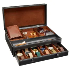 Faux Leather Mens Jewelry Box Organizer, Valet Tray for Watches (Black, 12.6 x 9 x 4 In)