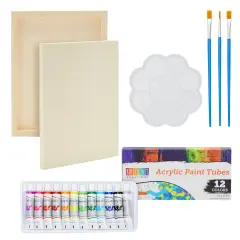 18 Pcs Set Canvas Painting Supplies Kit with 2 Wood Canvas Panel Art Boards 9x12 in, 12 Acrylic Paint Tubes, 3 Brushes and 1 Palette Multicolor