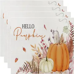 Set of 4 Orange Hello Pumpkin Leaves Placemats - 12 x 18 Inch