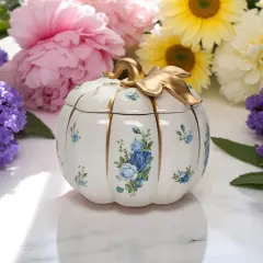 Ceramic White Pumpkin Jar with Blue Roses, Spring Decor, Kitchen Decor, Gift for Mom