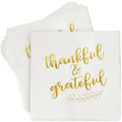 50 Pack Thanksgiving Cocktail Napkins Party Supplies Table Decorations, Thankful and Grateful (5 x 5 In) White