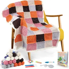 Granny Squares Crochet Blanket Kit for Beginners Easy Crochet Starter Kit with Enough Yarn Detailed Instruction