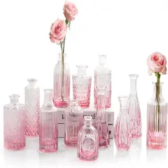 12pcs Glass Bud Vases Set - Mini Vintage Vases for Flowers Pink