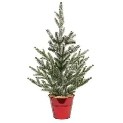 25" Tabletop Christmas Tree with Red Bucket Base, Flocked Artificial Pine for Holiday Decor