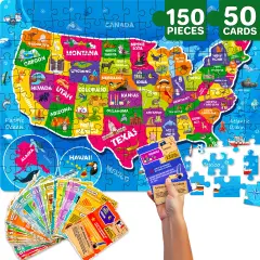 QUOKKA Puzzles for Kids Ages 8-10 - 150 Pcs Jigsaw Puzzles for 6-8 Year Olds - 400+ Facts on 50 Double-Sided Flashcards | Learn USA | Education Activity Gift - Shaped Puzzles for Toddlers 4-6