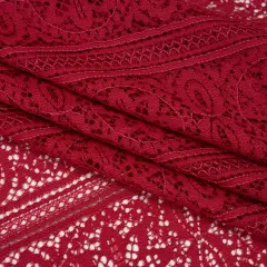 1 Yard Red Bug Re-Embroidered Lace Fabric Floral Medallion Stripes Finished Edge Sheer 50 Inch Width