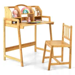 Costway Bamboo Kids Study Desk And Chair SetHeight Adjustable Home School w/ Bookshelf