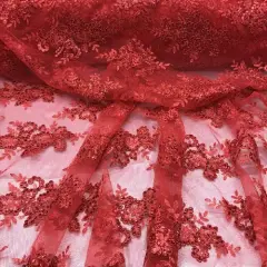 1 Yard Red Sequin Lace Fabric Embroidered Mesh Polyester Blend for Evening Gowns Bridal 54" Width