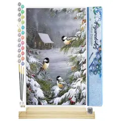 Figured'Art Paint by Numbers Kit for Adults Three Birds in the Snow 16"x20" - Craft Art Painting Rolled Canvas with DIY wooden frame