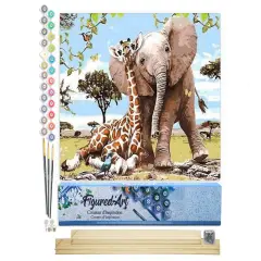 Figured'Art Paint by Numbers Kit for Adults Elephant & Giraffe friends 16"x20" - Craft Art Painting Rolled Canvas with DIY wooden frame