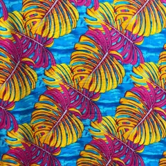 1 Yard All Over Monstera Leaf Rayon Poplin Fabric 36" x 45", Length x Width Turquoise & Pink