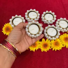 Bulk - Small Pearl Tealight Candle Holder &ndash; Festive T-light Stand for Diwali, Navratri, Christmas, Thanksgiving, Housewarming & Home Decor Centerpiece Dining Table ko